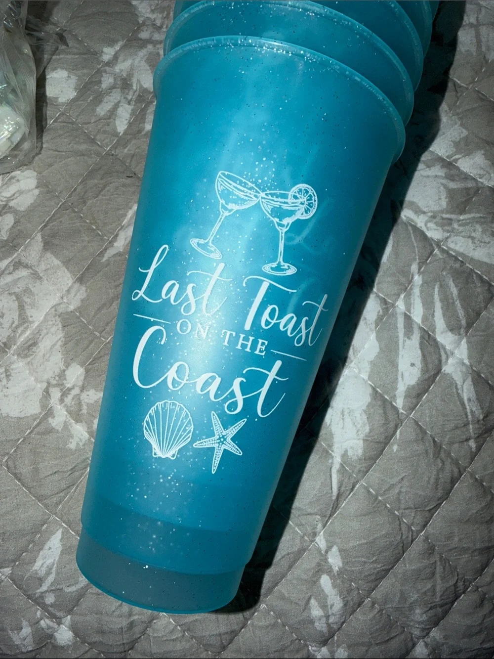 BACHELORETTE Coastal Light Blue Party Cup Set with Straws, seashells  and Totes